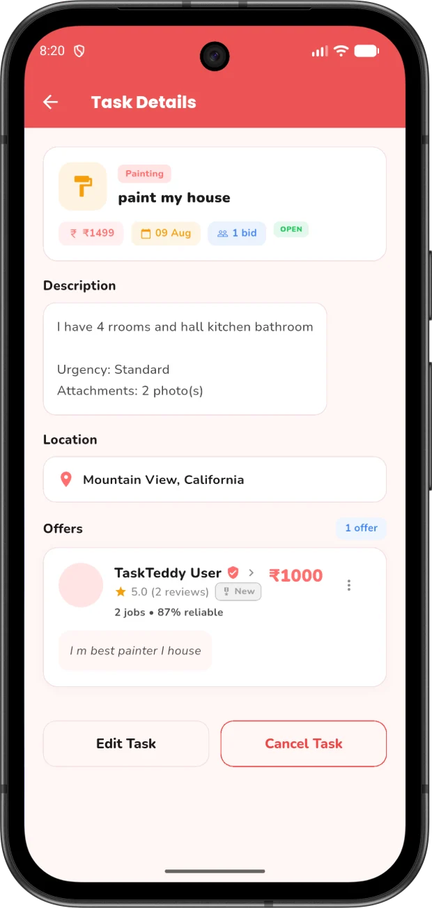 TaskTeddy task details screen showing an offer under the posted budget with the Tasker's rating and pitch